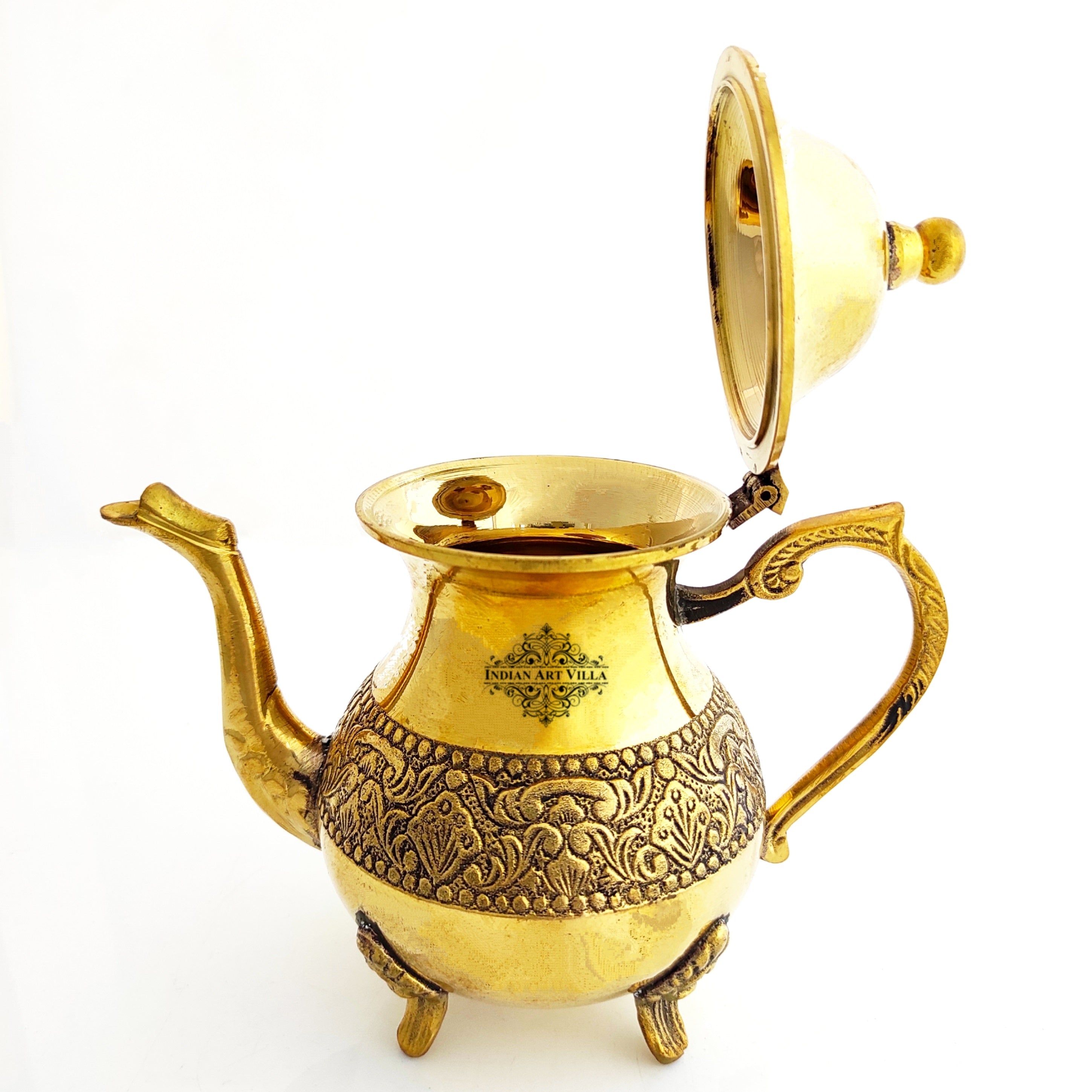 Designer Embossed Mughlai Brass Tea Kettle Pot Inside Tin Lining, Serving Tea Coffee, Tableware, 500 ML